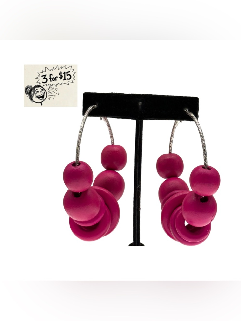 Large Magenta Wooden Beaded Hoops, Bohemian Pink Statement Earrings, Lightweight